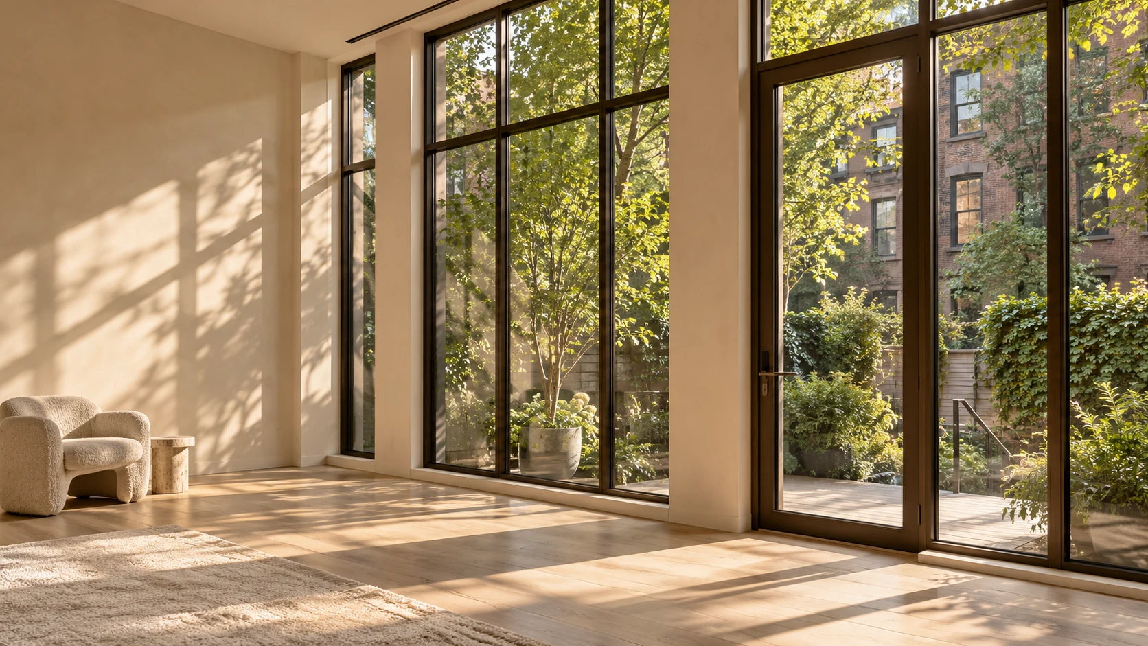 Illustrative Brooklyn interior with architectural windows opening to a planted courtyard